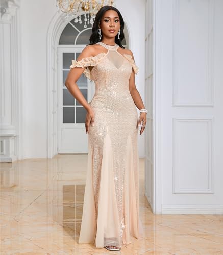 Image of Cololura Women Sexy Sequin Halter Neck Short Sleeve Mesh Perspective Party Bodycon Evening Cocktail Maxi Dress