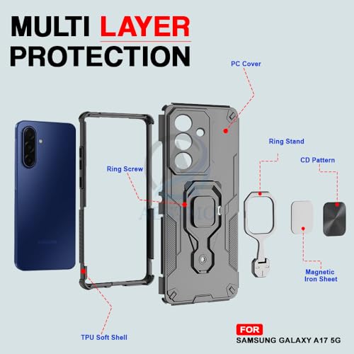 Image of AESTMO Armor Back Cover for Samsung Galaxy A17 / M17 / F17 5G | Ring Holder & Kickstand & Camera Protection in-Built | 360 Degree Protection Back Case Cover (Black)