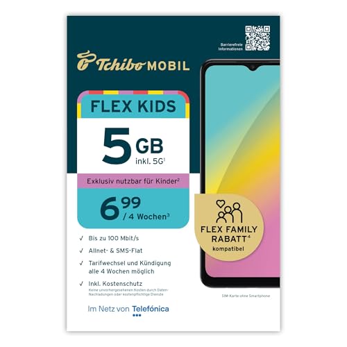 Tchibo MOBIL Flex Kids-Tarif SIM-Karte|5GB Datenvolumen+Allnet&SMS-Flat| Sicherer Smartphone-Tarif für Kinder inkl. Kostenschutz|Surfen mit LTE/5G|Nur 6,99€ alle 4 Wochen|Ohne Lange Vertragsbindung