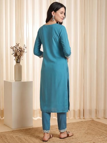 Image of INDO ERA Women's Viscose Rayon Floral Embroidered Straight Calf Length Kurta & Pant Set (IEAI11741)