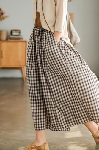 Womens Plaid Capri Pants Cotton Linen Trousers Elastic Waist Loose Side Pocket Gingham Wide Leg Capri Pants2