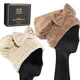 ICANdOIT Super Absorb Microfiber Hair Drying Towel Cap for All Hair Style,Bow Design,2 Packs Quick Drying Hair Turban-Perfect for Women and Kids(Beige+Chocolate)