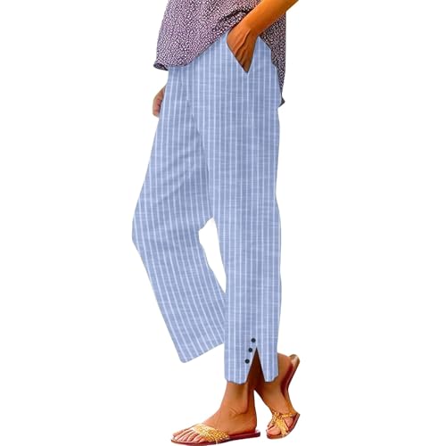 Womens Striped Linen Pants Summer Casual Straight Leg Cropped Pants Comfy High Waisted Trousers with Pockets 2025