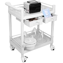 Beauty Trolley Cart with Wheels, Esthetician Cart with Handrail, Bucket and 2 Big Drawer, 2 Tier Heavy Duty Vacuum Therapy Machine Trolley, Load 330lbs, 360 Rotate Silent Wheels