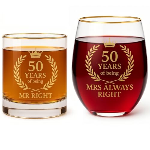 50 Year Wedding Anniversary Present for Parents, Husband and Wife, '50 Years of Being Mr Right & Mrs Always Right' Stemless Wine and Whiskey Glass Set (50th (1 Whisky Glass, 1 Wine Glass)) by iematoz - Used condition - CA$24.83