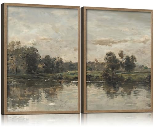 2Pcs Framed Canvas Wall Art Countryside Artwork Prints Landscape Posters