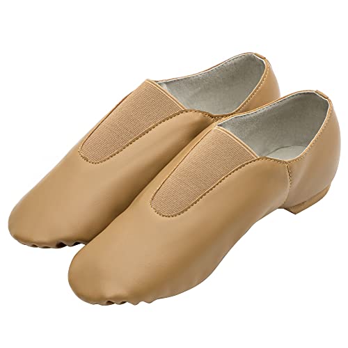 Asyusyu Chaussures de jazz en cuir synthétique - Dessus élastique - Chaussures de danse modernes pour enfants, marron, 18 EU Cover