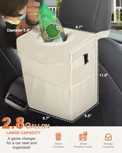 Image of Car Trash Can with Lid, Cute Leakproof Car Trash Garbage Bag Hanging Vehicle Trash Bin Small Portable Automotive Garbage Cans Organizer for Back /Front Seat /Console(2.8 Gallons,Beige