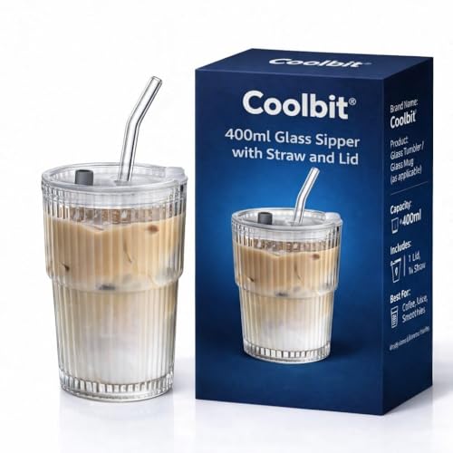 Image of COOLBIT Glass Water Tumbler with Straw and Lid Sealed Carry On Thick Wall Iced Coffee Cup Glass Sipper Cup for Water, Iced Tea Fruit Juice Set of 1, 400ml