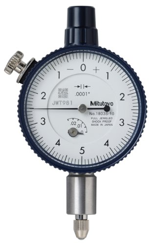 Mitutoyo 1803S-10 Dial Indicator, #4-48 UNF Thread, 0.375  Stem Dia., Lug Back, White Dial, 0-5-0 Reading, 1.614  Dial Dia., 0-0.025  Range, 0.0001  Graduation, + -0.0001  Accuracy