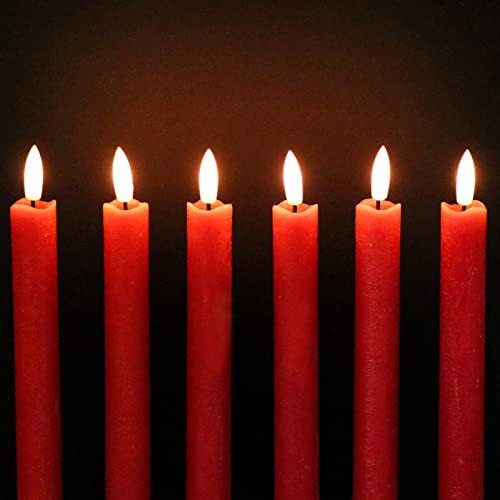 Image of GenSwin Flameless Red Taper Candles Flickering with 10-Key Remote, Battery Operated Led Warm 3D Wick Light Window Candles Real Wax Pack of 6, Christmas Home Wedding Decor(0.78 X 9.64 Inch)
