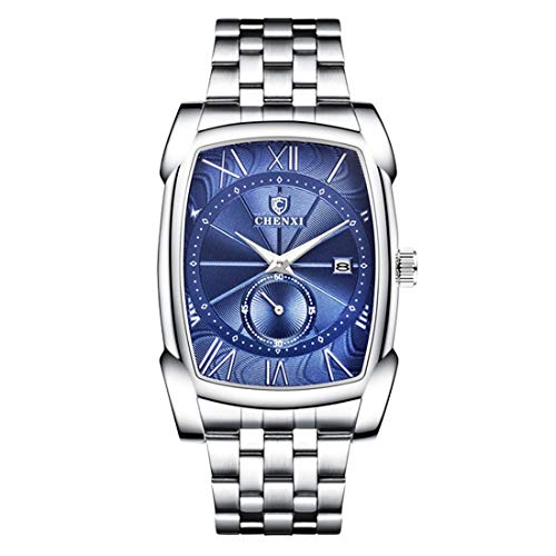Allskid Hommes Montres Inoxydable Acier Bracelet de Montre Rectangulaire Cadran avec Indépendant Petite Seconde Quartz Montres-Bracelets (45 * 36mm, Bleu) Cover