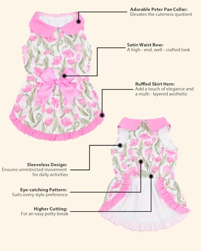 Image of CuteBone Spring Tulip Pet Dress with Peter Pan Collar - Pink Floral Pattern - Sleeveless Ruffled Skirt with Bow for Small Dogs, Cats - Garden & Casual Wear