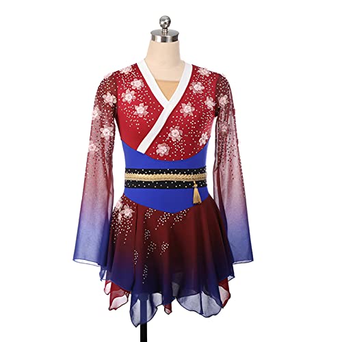 Vestido de Patinação Artística, Gradiente Bordado Flor Strass Estilo Antigo Competição de Patinação