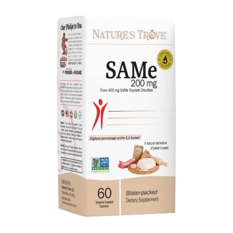 SAM-e 200mg Daily Supplement - Vegan, Kosher, Non-GMO, Soy Free, Gluten Free - 60 Enteric Coated Tablets - Cold Form Blister Packed - by Nature’s Trove Cover