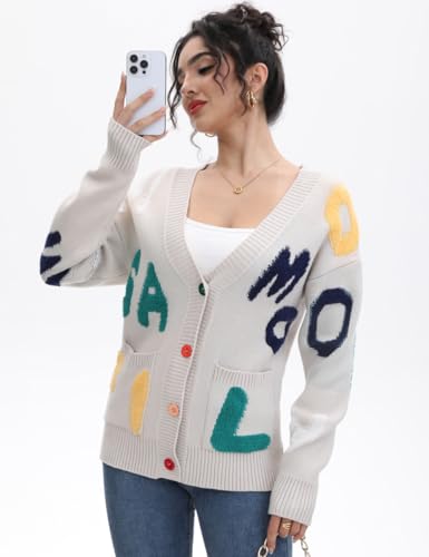 Image of Women's Sheep Embroidered Sweater V-Neck Cardigan - Cable Knit Open Front Coat with Rainbow Buttons Sweater Coat Outwear