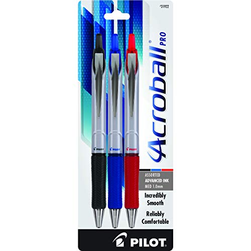 PILOT Acroball Pro Advanced Ink Refillable & Retractable Ball Point Pens, Medium Point, Assorted Color Inks, 3-Pack (31922)