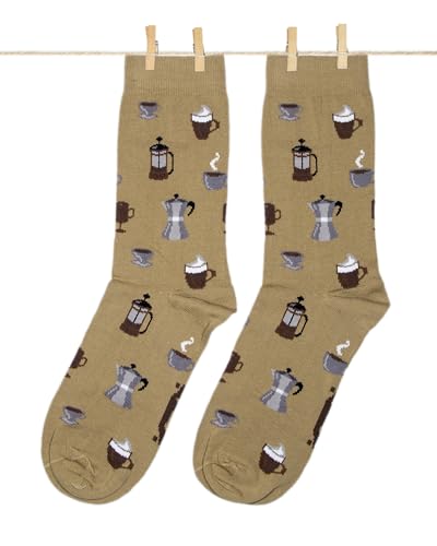 Lustige Socken Kaffee Motiv für Herren & Damen - Braune Baumwollsocken mit Kaffeebohnen & Tassen Design - Witziges Geschenk für Kaffeeliebhaber - Barista Bunte Accessoires - Fun Socks (41-46)