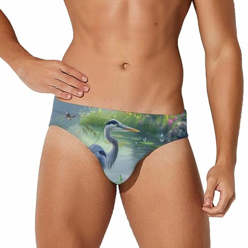Biding Time Great Blue Heron Mens Swim Briefs Bikini Swimwear Print Beach Shorts Sexy Swimsuit S