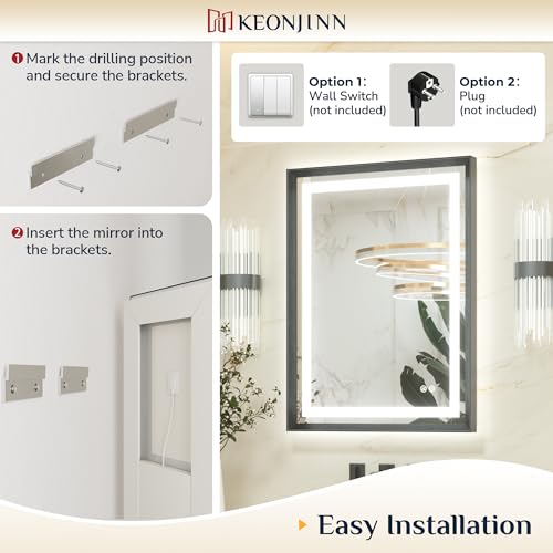 Keonjinn Black Bathroom Mirror with Led Lights 60x80cm, Antifog Vanity Mirror Black Frame Back and Front Lit 3 Colour Dimmable Illuminated Wall Mounted Rectangle Digital Mirrors - Cosy Home Interiors Keonjinn Black Bathroom Mirror with Led Lights 60x80cm, Antifog Vanity Mirror Black Frame Back and Front Lit 3 Colour Dimmable Illuminated Wall Mounted Rectangle Digital Mirrors - Image 7