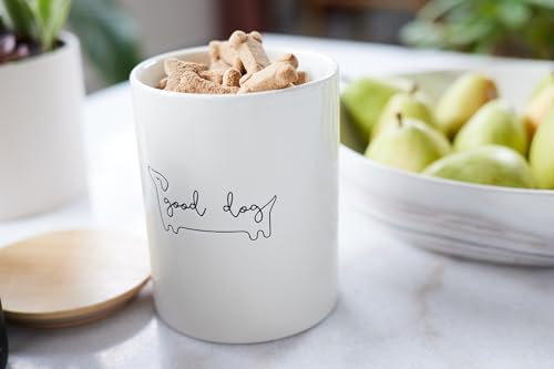 Pearhead Good Dog Treat Jar, Holds 4 Cups, Ceramic and Wood Pet Treat Canister, Neutral Modern Kitchen Decor, Pet Accessories, Dog Biscuit Storage Jar, Freshness Seal