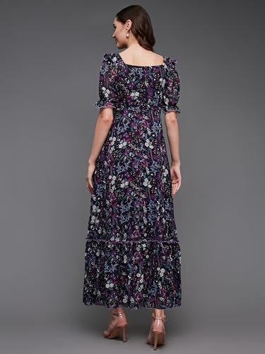 Image of Miss Chase Women's Multicolored-Base-Brown Relaxed Fit Maxi Lurex Chiffon Dress