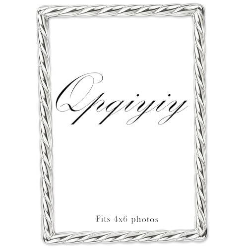 QPQIYIY 4x6 Silver Metal Picture Frame with Real Glass Unique Cute Rope Design Wall Mount or Tabletop Display