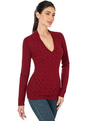 AmélieBoutik Women Collar Deep V Neck Knit Plaid Front Houndstooth Long Sleeve Sweater Top