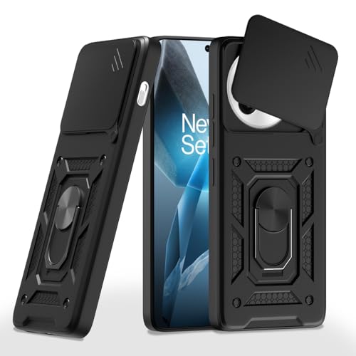 Image of Pikkme Back Cover for OnePlus 13 5G | 360 Protection Case | Sliding Camera Shield Cover & Ring Holder Stand D10 Tough Armor Bumper Case (Black)