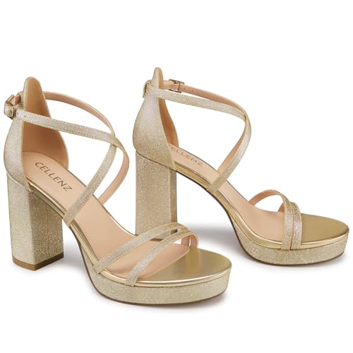 Image of CELLENZ Women Strappy Platform Heels: 3.4 Inch Chunky Heeled Sandals, Comfortable Sexy Block High Heels, for Prom Party Bridal Wedding Black White Silver Nude Dressy Shoes