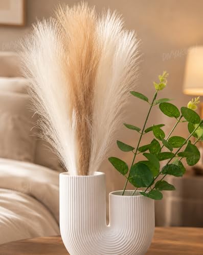 Image of Divyakosh Modern Double Mouth Vase with 3 Pampas Grass & 4 Eucalyptus Stems, White Ribbed Decorative Plastic Vase for Living Room, Center Table, Bedroom, Home Decor Gift Set