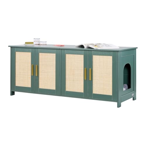 VEVOR Katzenschrank, 1200x450x500 mm, Katzentoilette mit 4 Rattantüren & 2 Eingängen, Katzenklo Schrank für den Innenbereich, Katzenhaus passend für die meisten Katzentoiletten, grün