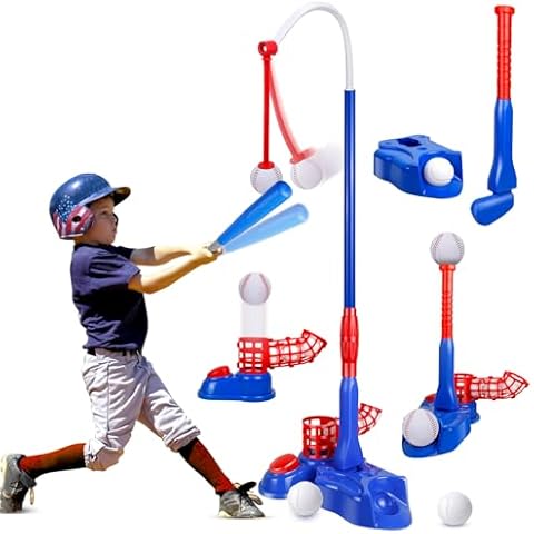 Mukum 4-in-1 Tee Ball Set for Kids, Adjustable T Ball Set Stand with 6 Balls - Perfect Outdoor Toys for Boys and Girls, Indoor Outdoor Sport Gifts Baseball, Softball, Golf Cover