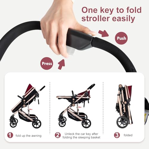 PEARLOVE 2 in 1 Convertible Baby Stroller Newborn Reversible Bassinet Pram, Foldable Pushchair with Adjustable Canopy Folding High Landscape Infant Carriage, Anti-Shock Toddler Pushchair