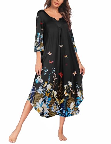 Ekouaer Long Nightgown for Women 3/4 Sleeves Nightshirt Maxi Sleep Dress Plus Size Loungewear Full Length Sleepwear Black Floral XX-Large