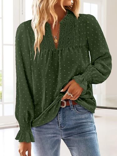 BETTE BOUTIK Women Boho Long Sleeve Shirts Dressy Casual V Neck Fall Fashion Tops Swiss Dot Flowy Blouses