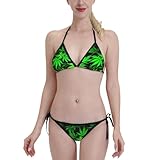 Women Two Piece Swimsuit Sexy Swimwear Halter String Triangle Bikini Sets-Weed Marijuana Leaf Black