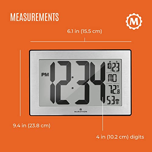 Marathon Atomic Wall Clock With Stand, Black Frame/Stainless Steel Finish - Large, 9-Inch Display - Am/Pm Or 24-Hour Time Format, Eight Time Zones & Indoor Temperature - Two Aa Batteries Included #TOP4