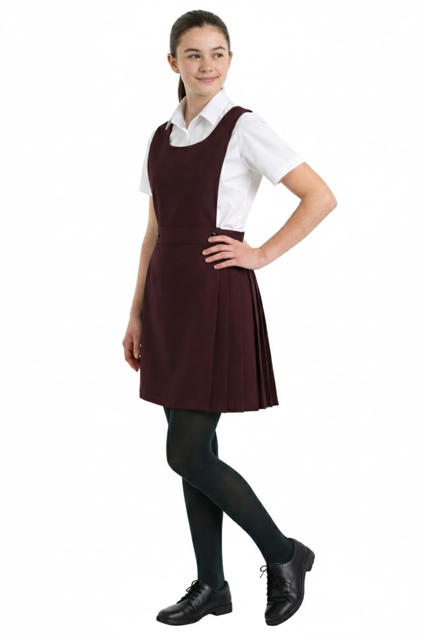 CVL GIRLS BIB PINAFORE PLEATED SCHOOL UNIFORM DRESS ALL AGES (Wine/Maroon, 3-4 Years)