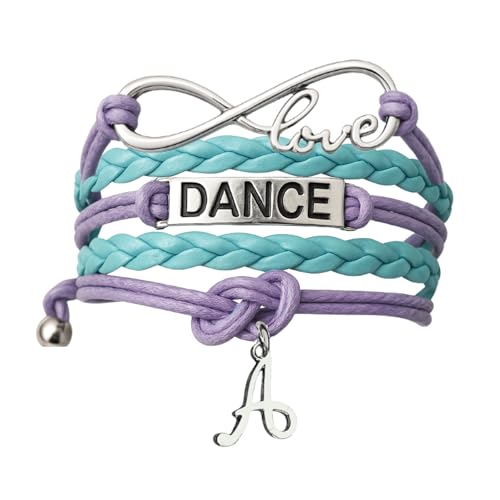 Infinity Love Dance Bracelet - Purple and Teal Braided Multi-Strand Adjustable Charm Bracelet with Initial Letter Pendant for Dancers