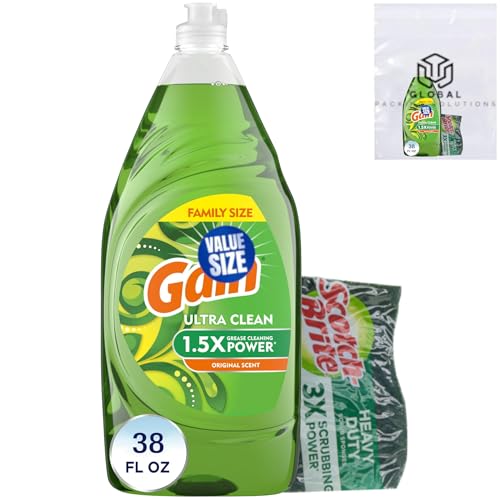 GLOBAL PACKING SOLUTIONS Gain Ultra Degreaser Dish Soap, Original Scent, 38 Fl Oz bundled with Heacy Duty Scotch Brite Sponge
