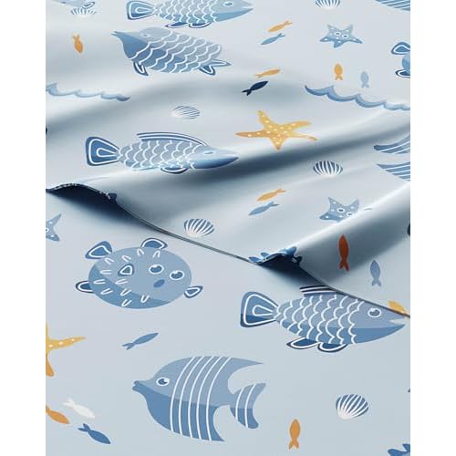 Kids Queen Size Bed Sheet Set - 4 Piece Kids Loft Bed Sheets - Fish Sea Animal Themed Bedding - Soft, Cute - Breathable and Machine Washable - Ocean Animal Bed Set for Boys, Girls, Teens and
