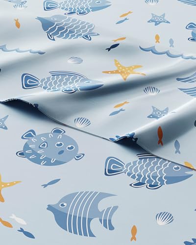 Image of Kids Queen Size Blue Fish Bed Sheets - 4 Piece Kids Blue Fish Sheet Set | Blue Fish Themed Bedding, Ultra-Soft, Cute & Cozy, Breathable & Machine Washable, Bed Set for Boys, Girls & Teens, Breathable