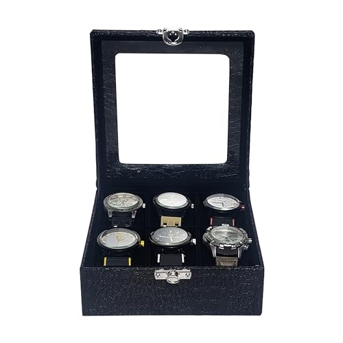 Estojo Para 6 Relógios Com Vidro Preto Com Interno Aveludado Preto Caixa Maleta Porta Relógio