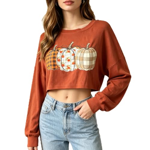 Womens Halloween Crop Long Sleeve Tshirt Fall Vintage Graphic Tee Loose Top