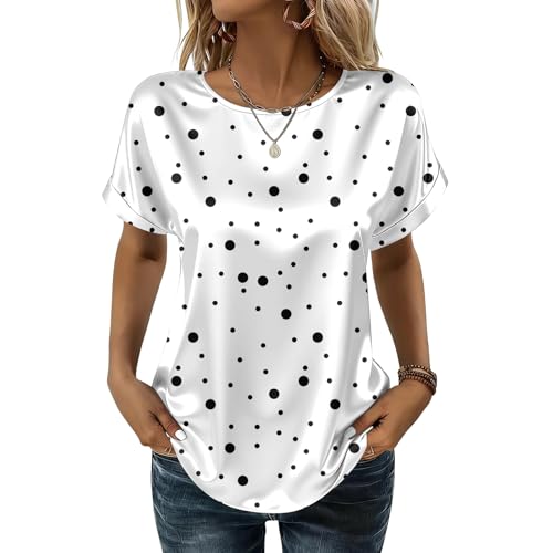 Women Summer Fashion Business Tops Short Sleeve Dressy Casual Loose Silk Shirts Printed Round Neck Satin Blouse