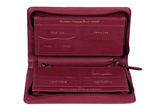 Image of Sukeshcraft Multiple Cheque Book Holder | Original PU Holds Upto 8 Cheque Books, 14 Credit /Debit Card Slots with Matching Zipper (Pu- Meroon)