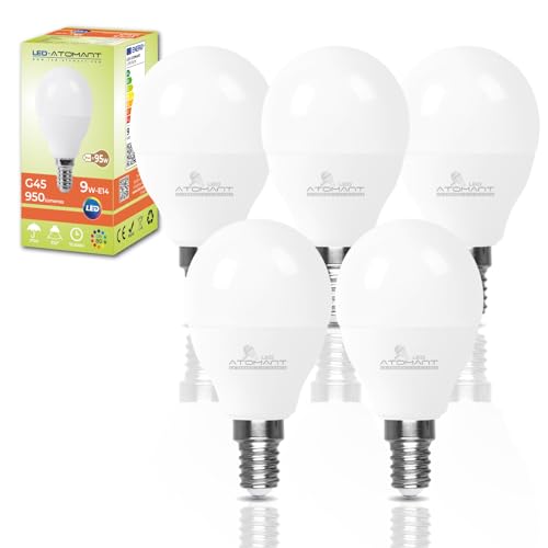 LED ATOMANT Pack 5x Bombilla LED E14 G45 9W, Color Blanco Frio (6500K), 950 Lumenes, Casquillo fino, Equivalente a 95W tradicional
