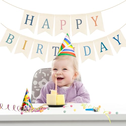 Image of Doumeny Happy Birthday Burlap Banner Boho Birthday Bunting Garland Blue Pink Bohemian Party Sign Flag Colorful Happy Birthday Bunting Banner Rustic Birthdays Garland Flag for Wall Home Porch Door