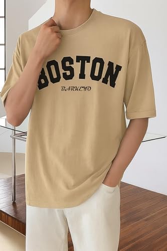 Image of BARKEYO Men's Half Sleeve Round Neck French Terry Graphic Print Oversized Tshirt for Man (Boston-ft) (in, Alpha, L, Regular, Beige)